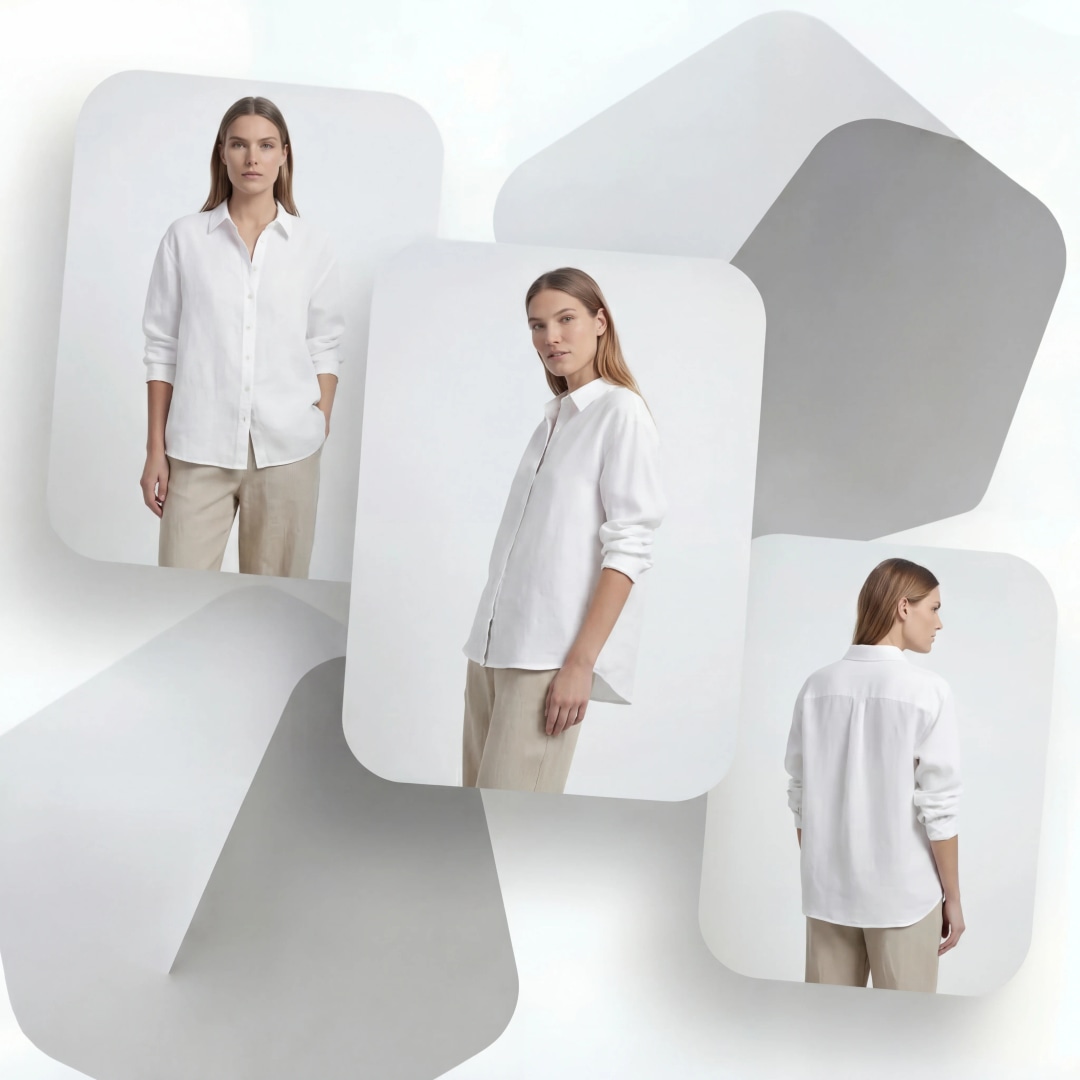 AI fashion model in walking pose wearing minimalist clothing for editorial lifestyle photography