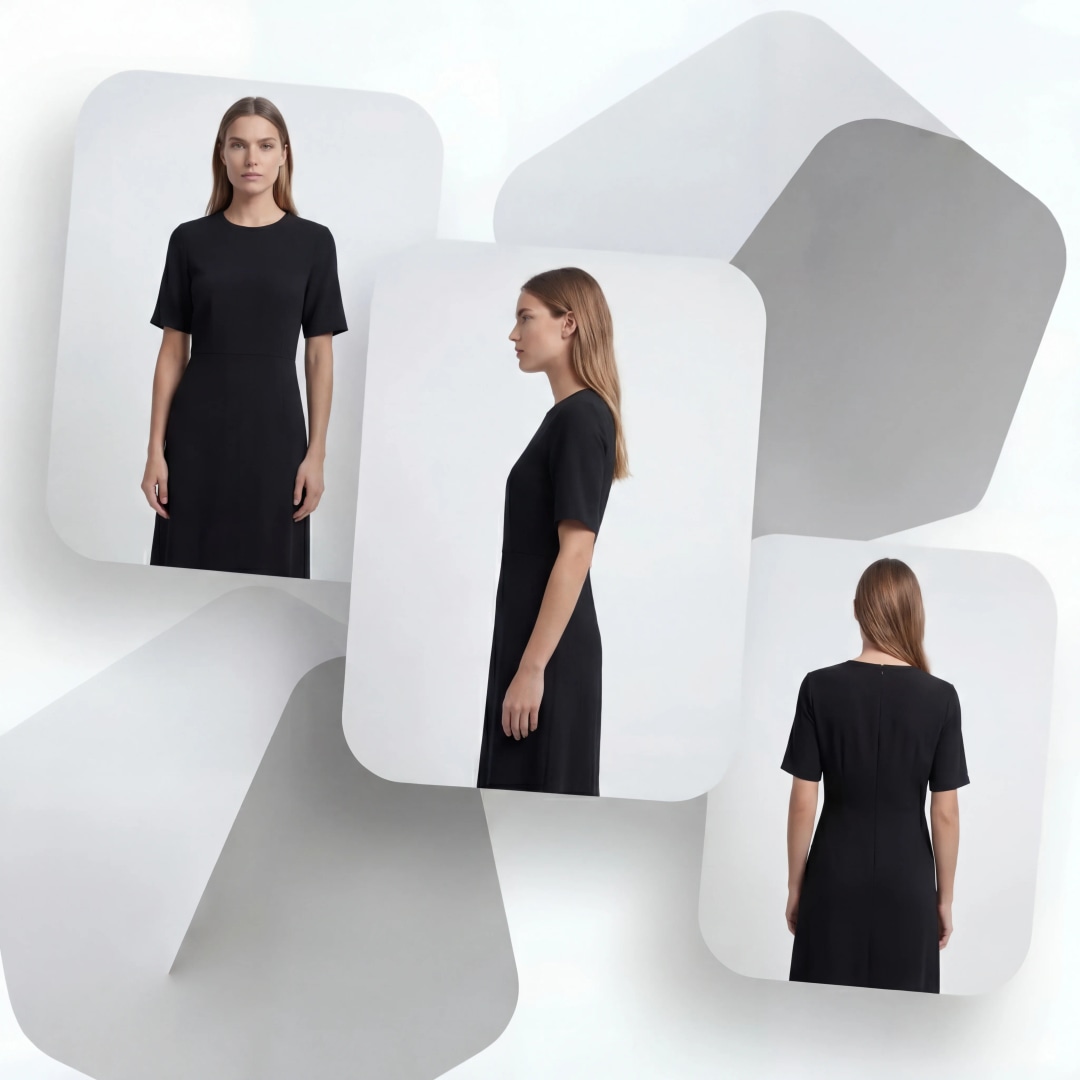 AI fashion model in front, side, and back views showing e-commerce catalog poses with consistent positioning