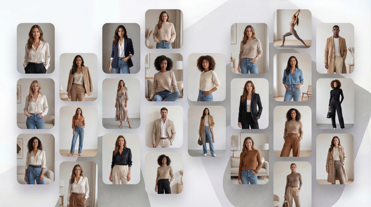 Bulk catalog transformation showing multiple products on models - scale your product photography