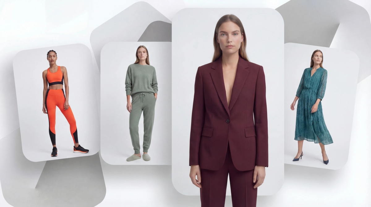AI virtual try on clothes instant visualization showing four fashion models in diverse outfits including athletic wear, loungewear, business suit, and flowing dress for e-commerce