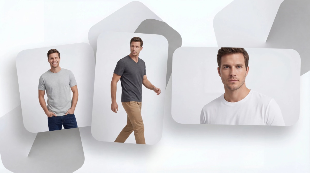 AI virtual try-on professional studio quality results showing male model in three different t-shirts with commercial-grade e-commerce photography