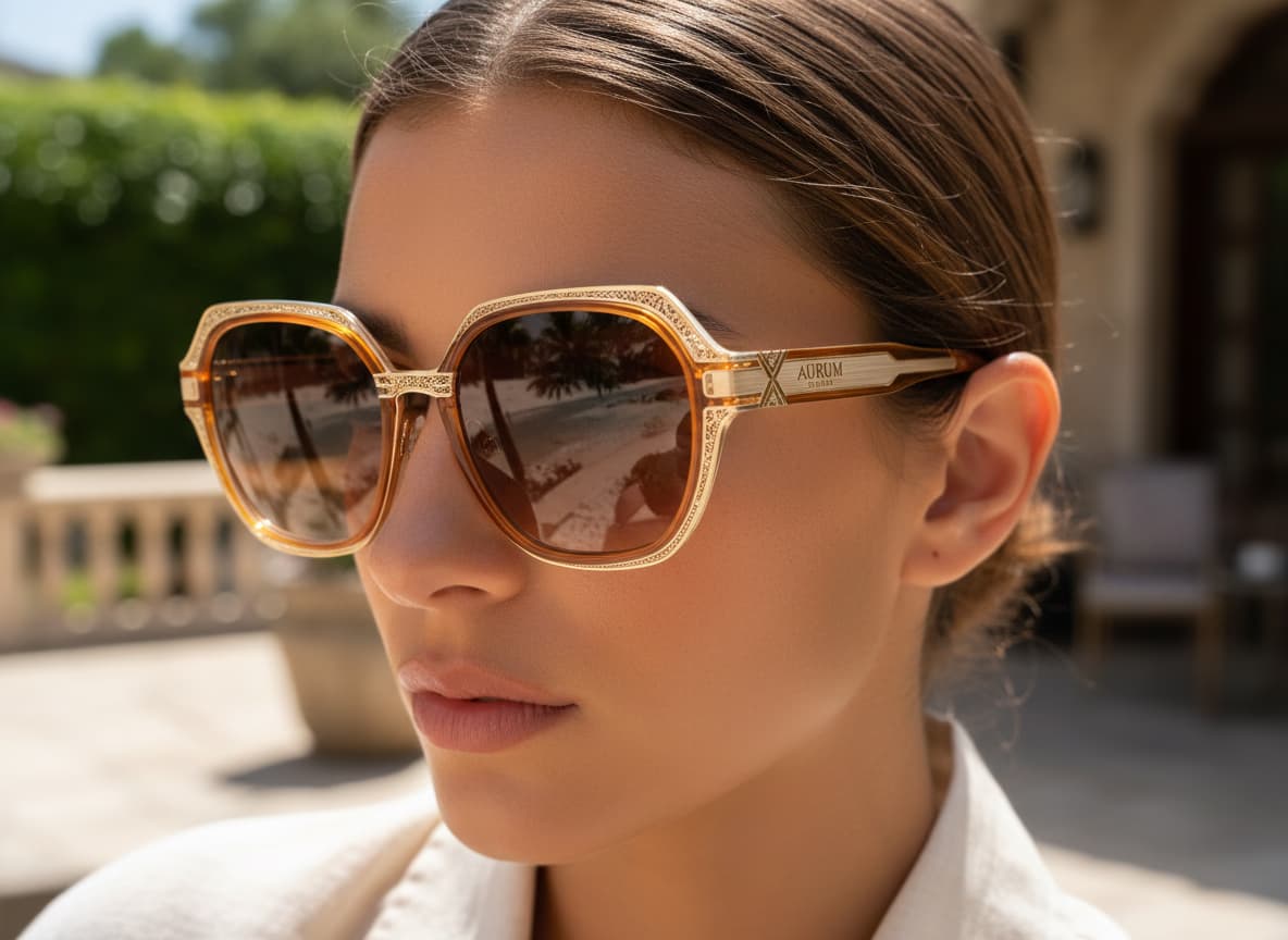 Close-up of sunglasses showing preserved frame design, lens and brand details on AI model