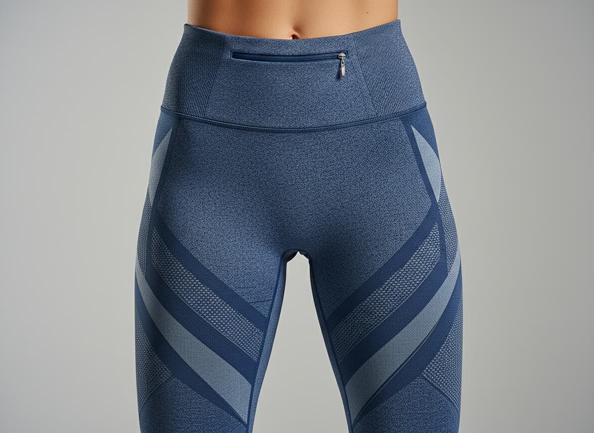Close-up of athletic leggings showing mesh panels, high waistband with hidden pocket, and compression fabric technical details