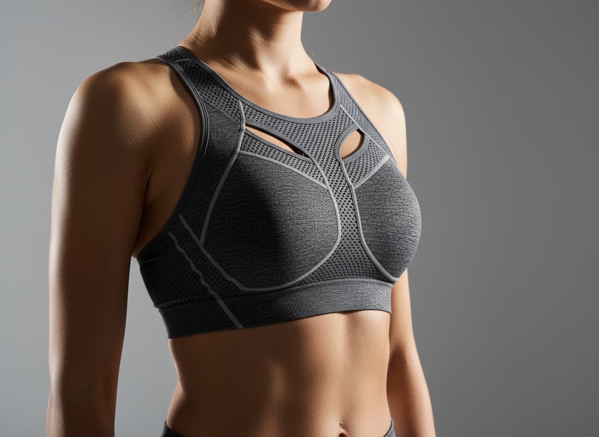 Close-up of sports bra showing mesh panels, strap construction, and moisture-wicking technical features