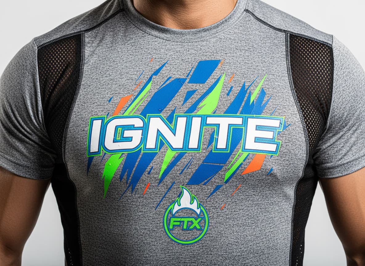 Close-up of workout top showing bold graphics, brand logo, mesh ventilation panels, and moisture-wicking technical features