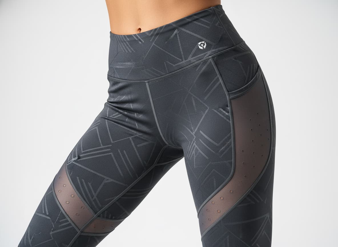 Close-up of athletic leggings on fitness model showing mesh panels and pattern details