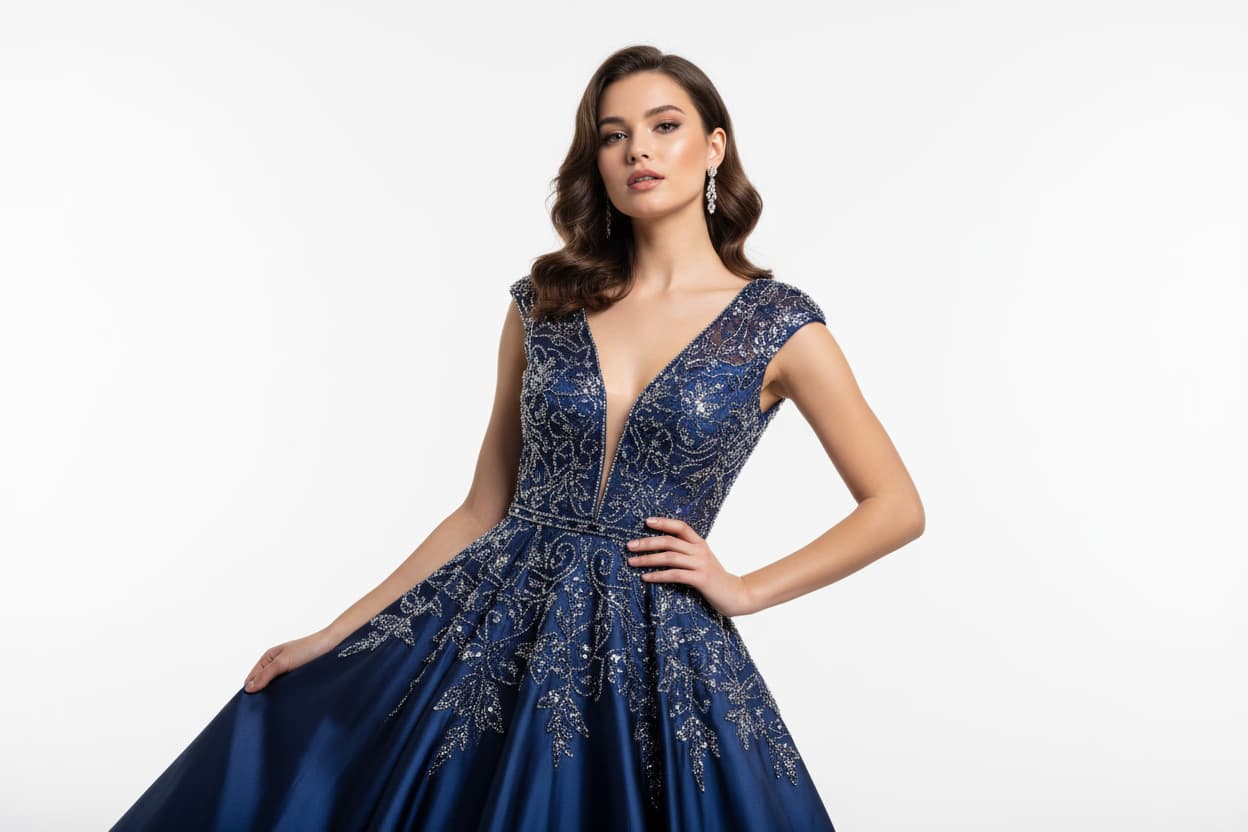 Female AI model wearing elegant cocktail dress in professional studio photography with white background