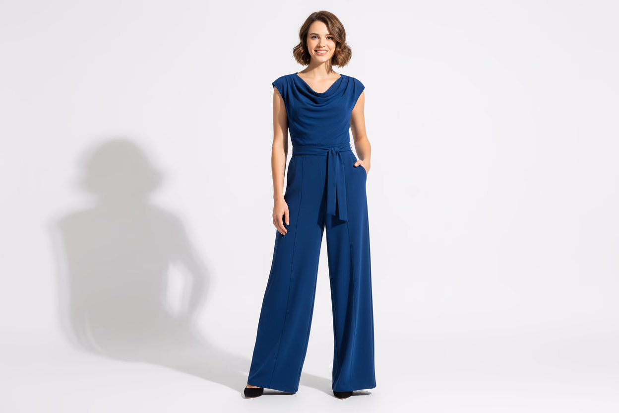 Female AI model wearing sophisticated wide-leg jumpsuit in professional studio photography with white background