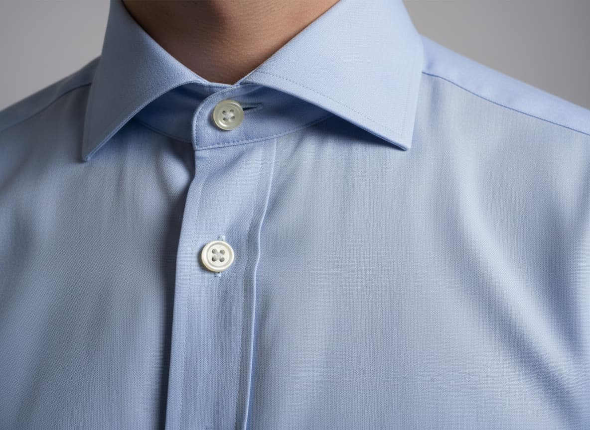 Close-up of shirt showing preserved collar style, button details and professional finishing