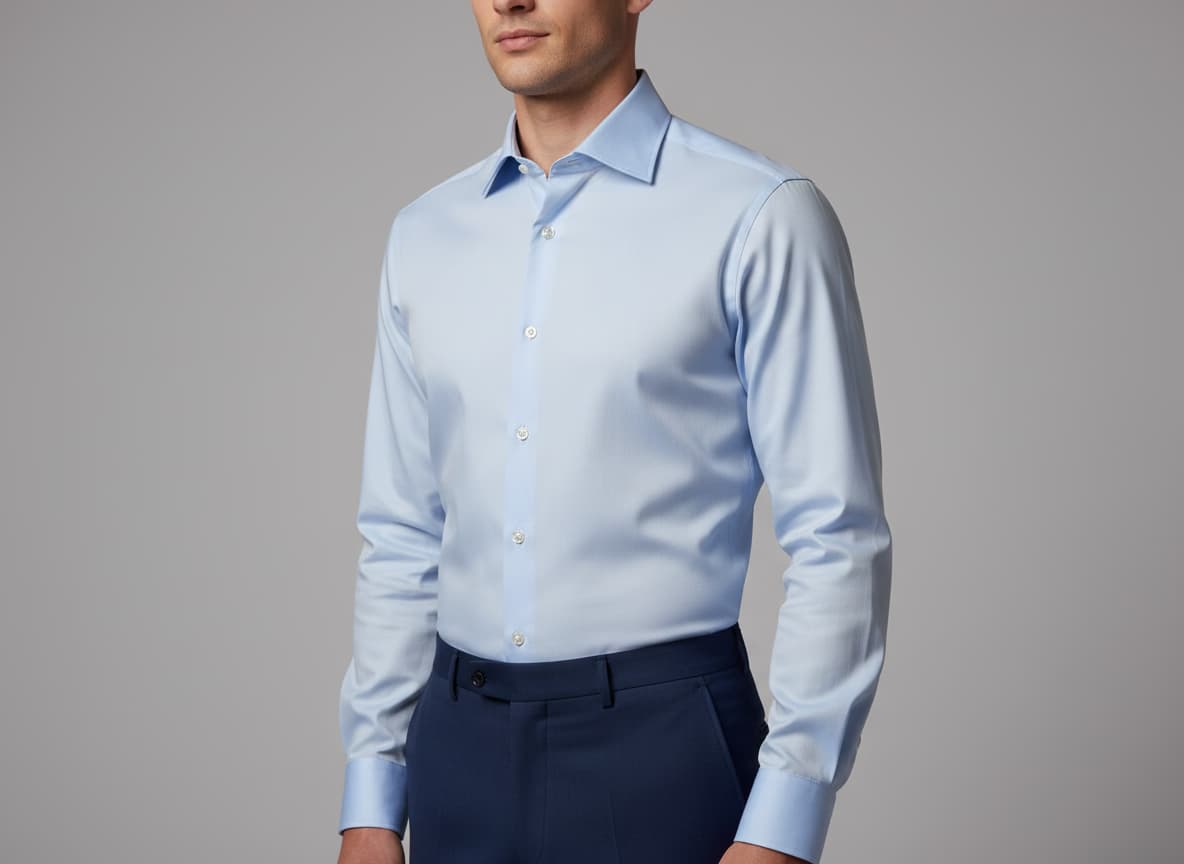 AI model wearing dress shirt showing professional fit and tailoring details