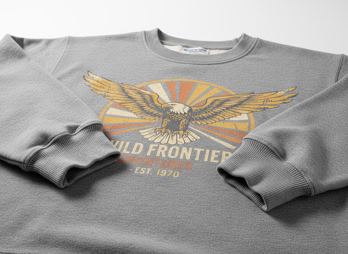 Close-up of sweatshirt showing preserved graphic design, text accuracy, and crewneck details with clear fabric texture