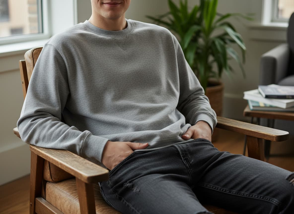 AI model wearing casual sweatshirt demonstrating realistic fabric draping, natural fit and comfortable styling