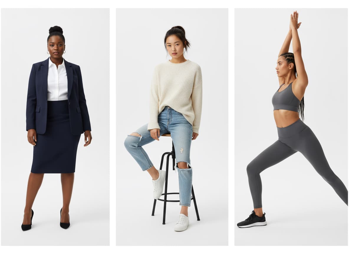 AI female models wearing variety of women's fashion styles showing category coverage from formal to casual