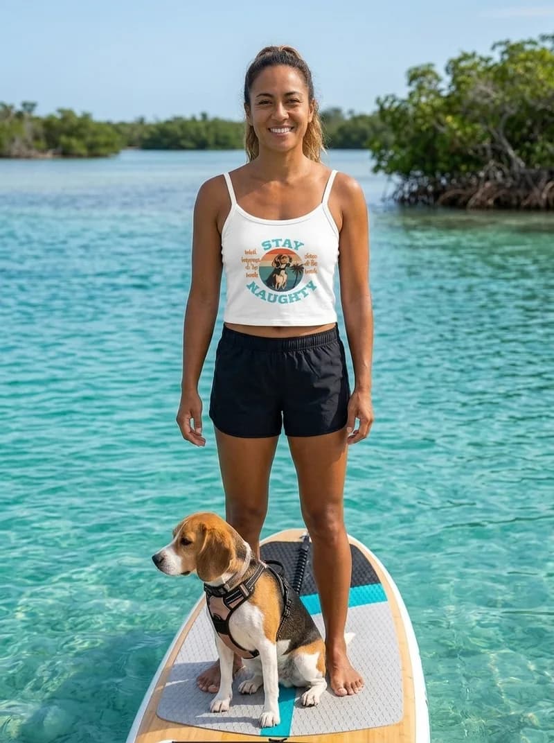 Florida Keys Beagle Stay Naughty tank on an AI-generated model paddleboarding with a beagle
