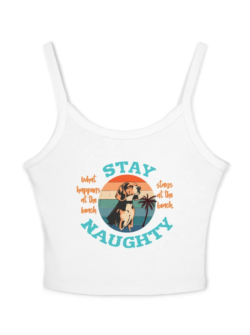 Flat lay product mockup of a Florida Keys Beagle Stay Naughty tank top