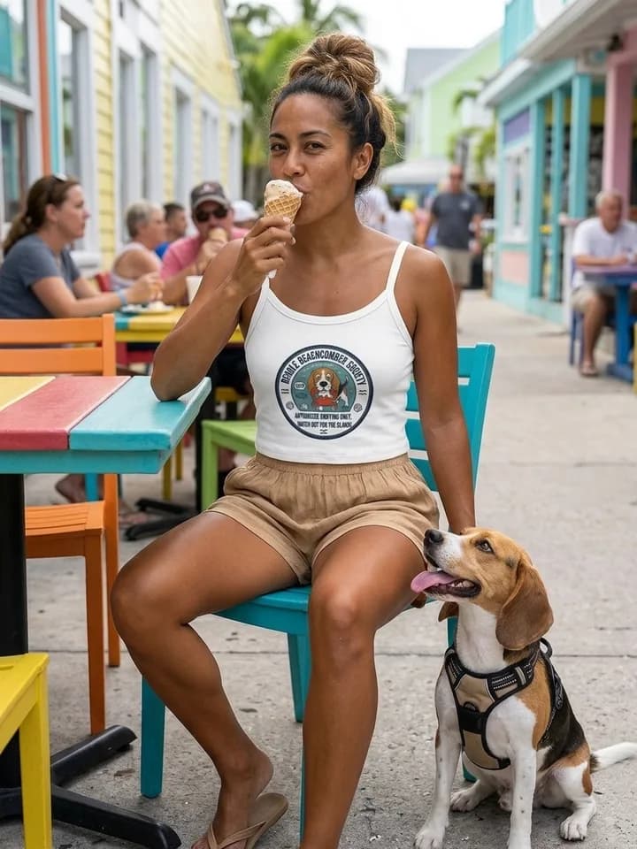 Florida Keys Beagle tees and tanks on AI-generated models around the Florida Keys 5