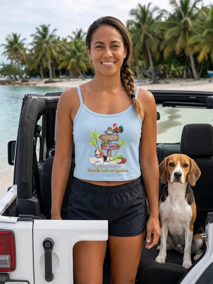 Florida Keys Beagle tees and tanks on AI-generated models around the Florida Keys 1