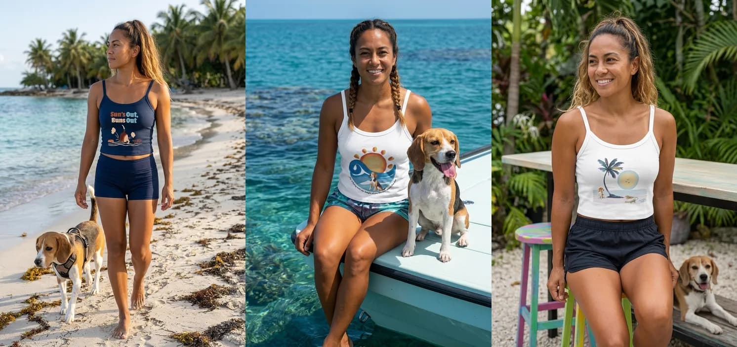 Florida Keys Beagle apparel worn by AI-generated models with beagles on Florida Keys beaches