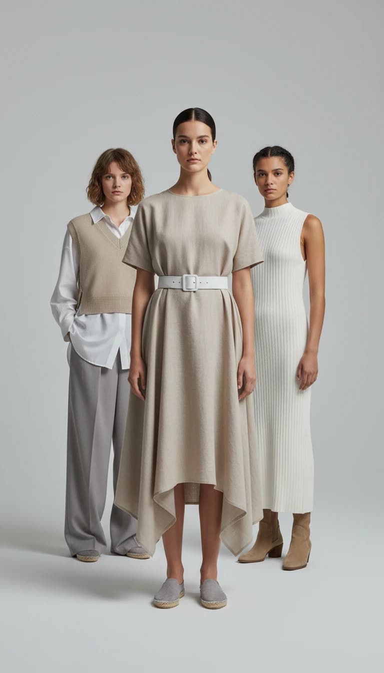 Three diverse AI-generated fashion models in neutral beige and cream outfits for consistent brand identity