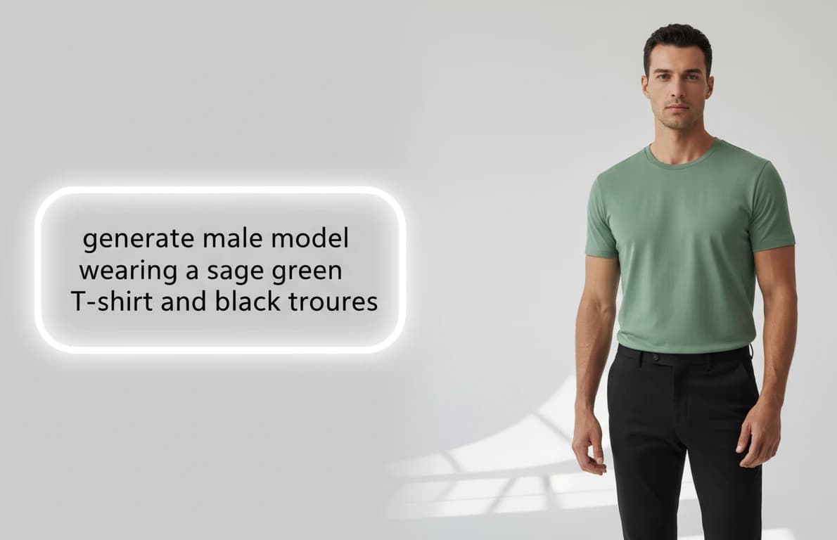 AI-generated male fashion model from text prompt wearing sage green t-shirt and black trousers
