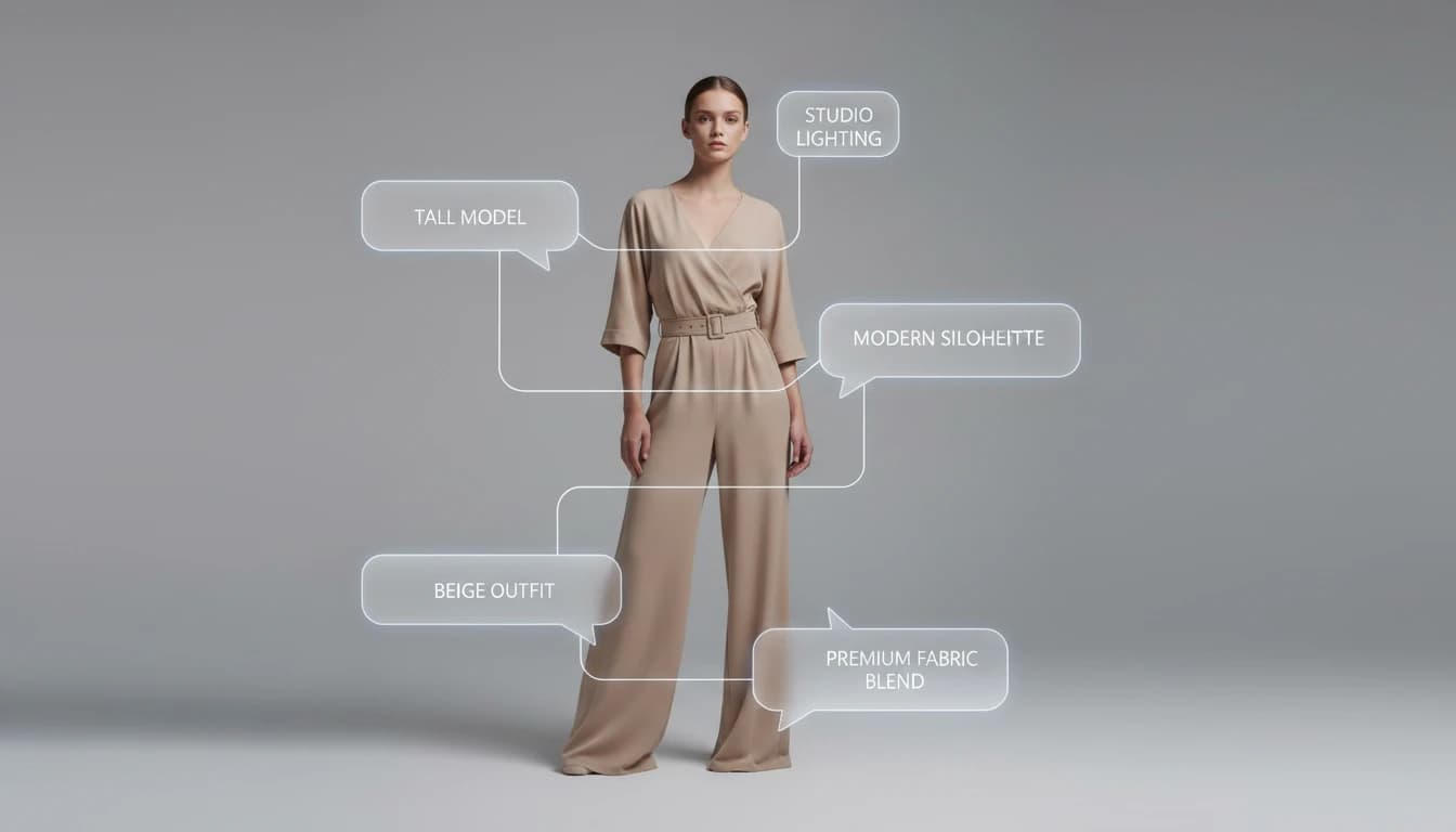 Step 1: AI fashion model in beige jumpsuit showing customizable features - tall model with studio lighting and premium fabric