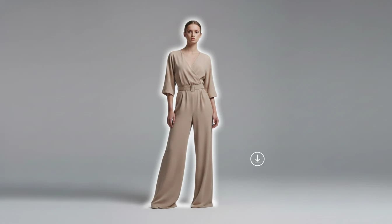 Step 3: Download AI-generated professional fashion model photo in beige jumpsuit ready for commercial use