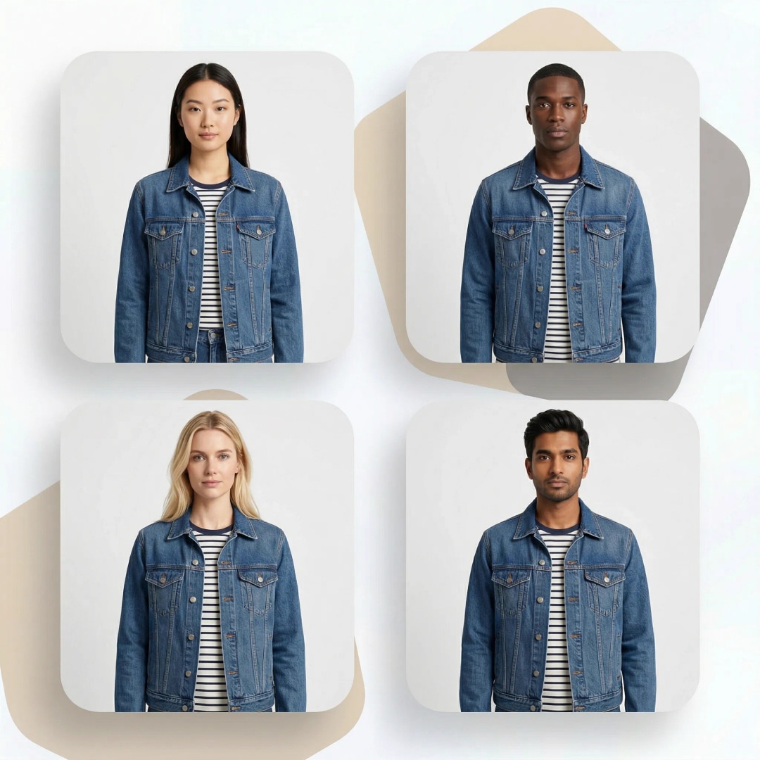 AI model swap creating diverse model face variations — same outfit shown with different model identities for inclusive ecommerce