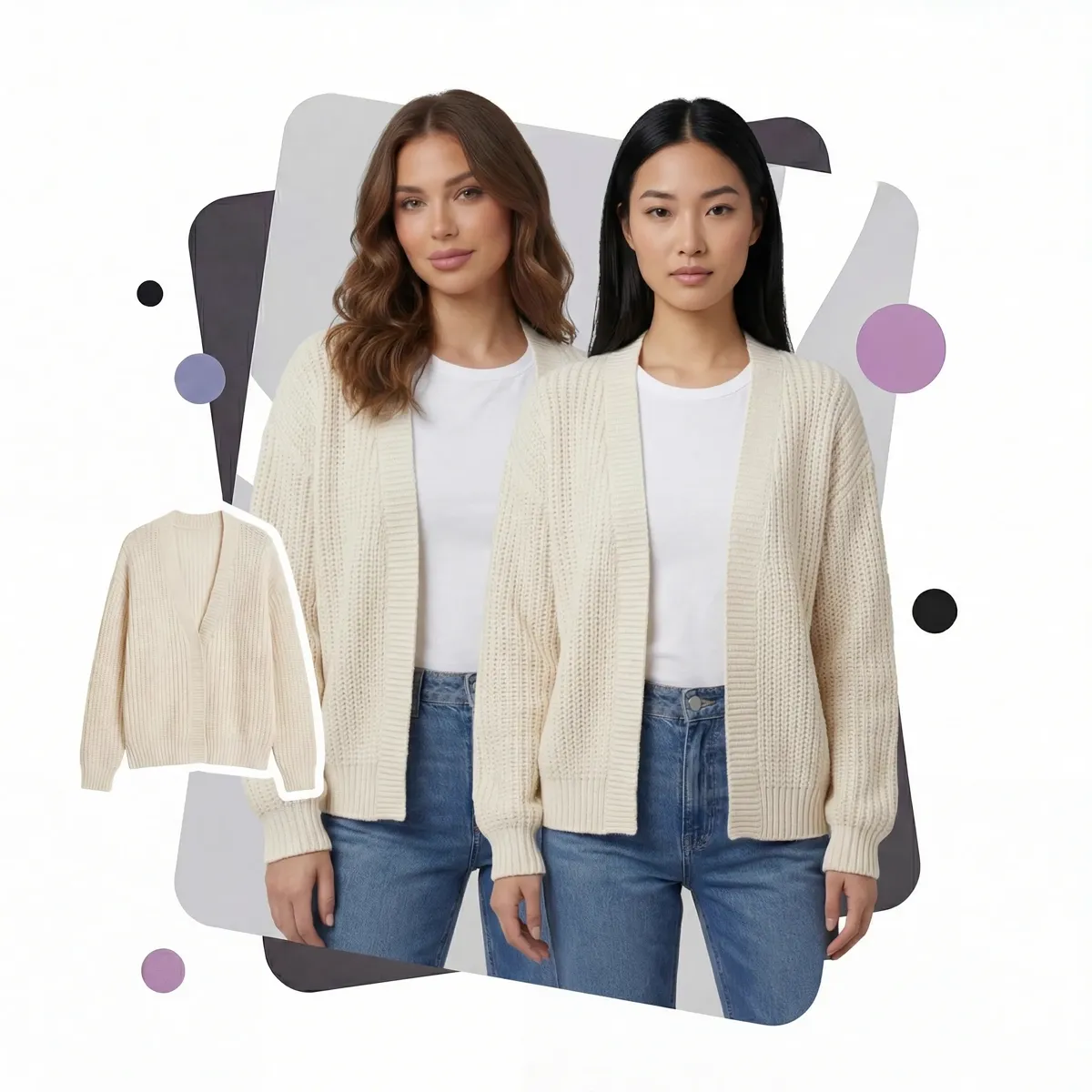 AI model swap on casual outfit — source model face replaced with reference person while preserving the exact same clothes and pose