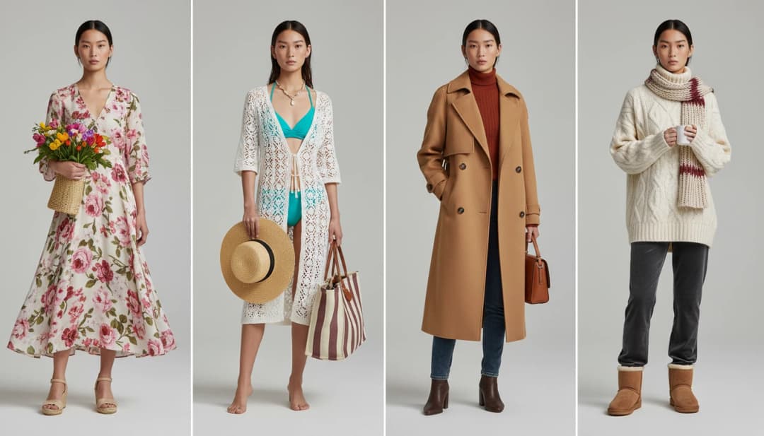 AI fashion model showcasing consistent identity across four seasonal campaigns with spring floral dress, summer beach wear, fall coat, and winter sweater