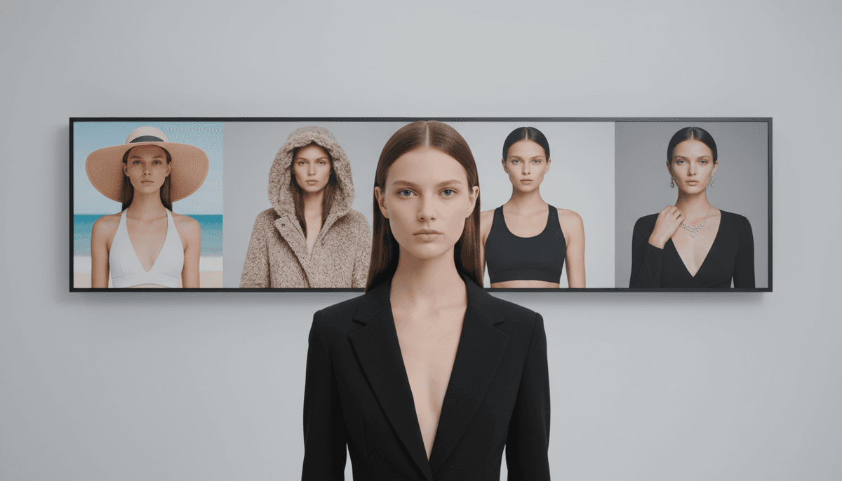 Consistent AI fashion model displayed in multiple e-commerce style outfits showing same person with different clothing and poses for brand continuity