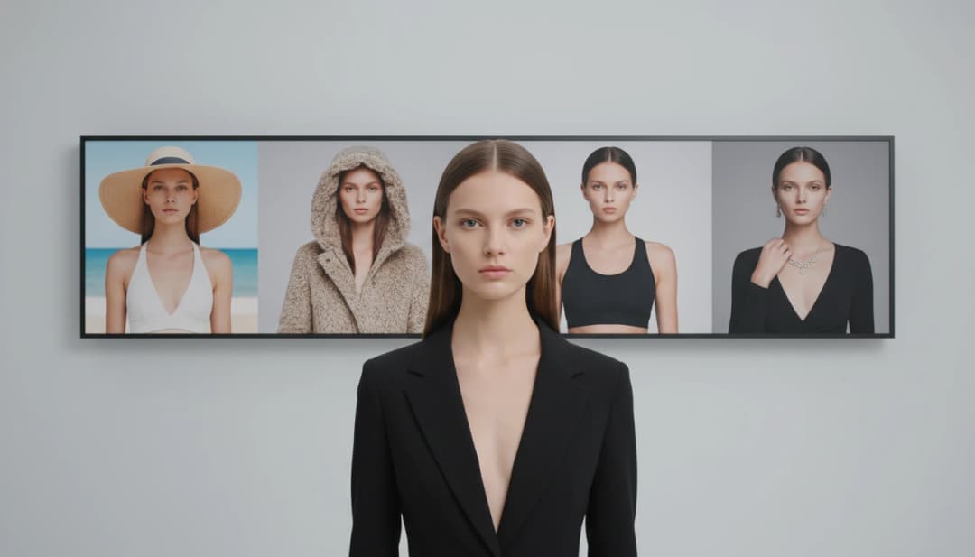 Consistent AI fashion model displayed in multiple e-commerce style outfits showing same person with different clothing and poses for brand continuity