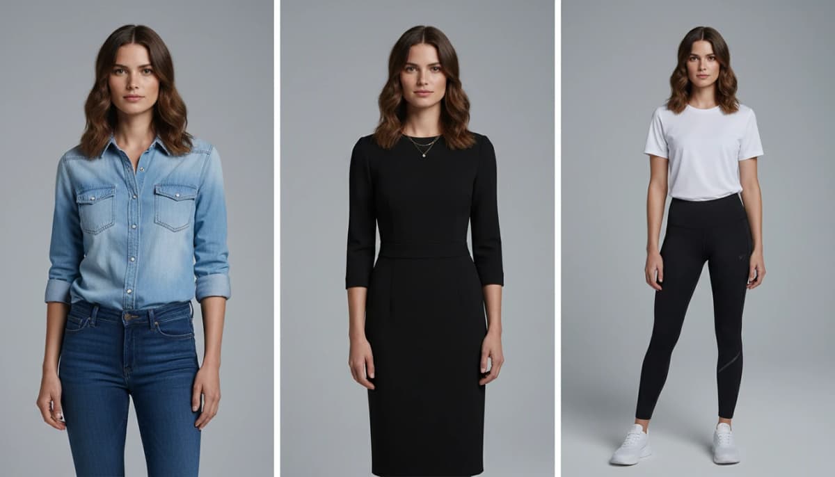 Consistent AI fashion model in three classic outfits showing same person in denim casual, black dress formal, and minimalist white tee styles