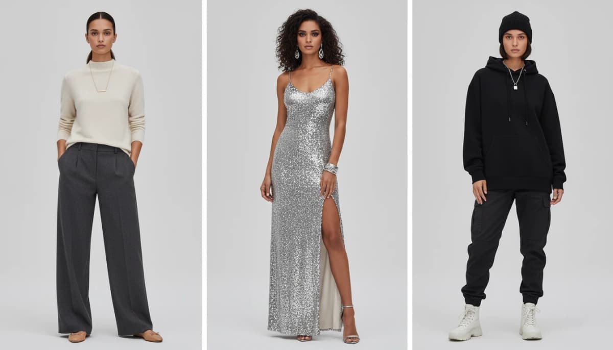 Three AI fashion models demonstrating flexible styling across different brand aesthetics - minimalist neutral tones, glamorous evening wear, and urban streetwear