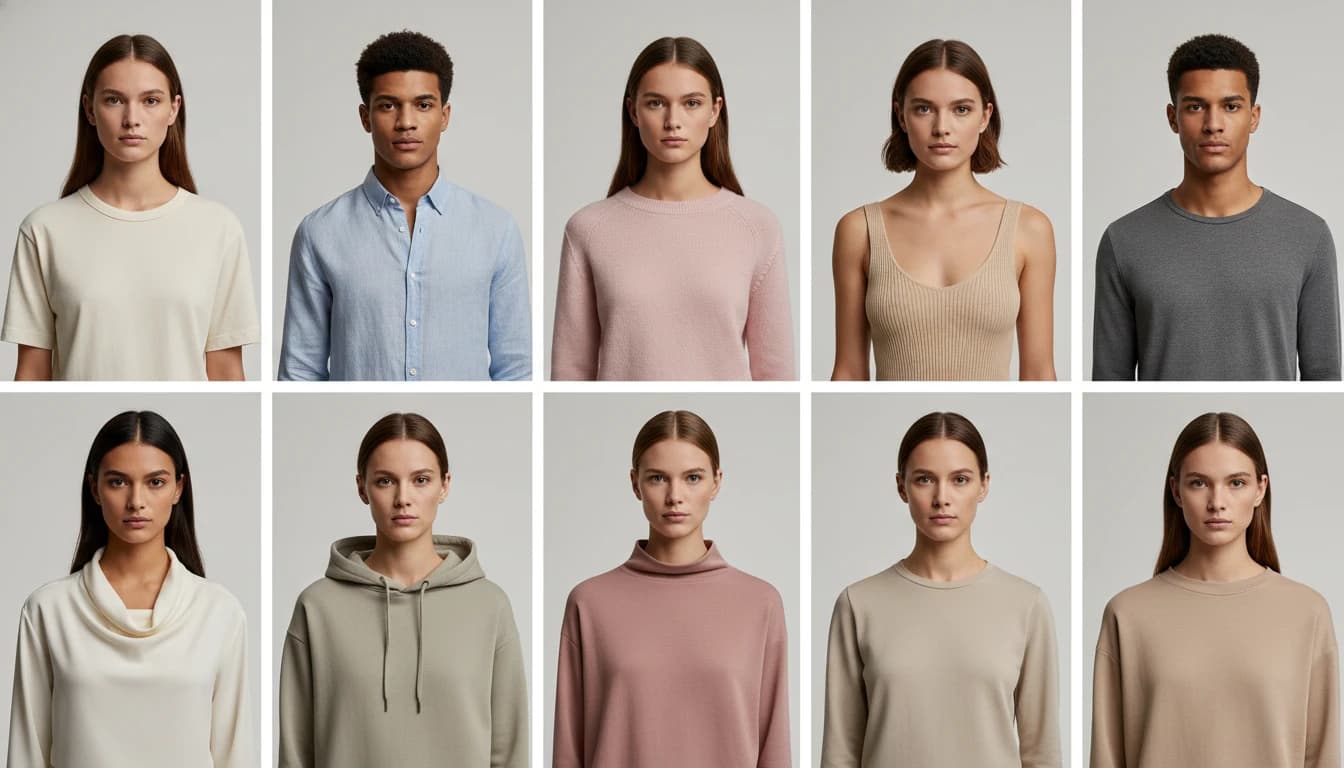 Diverse AI-generated fashion models in neutral clothing basics showcasing variety of ethnicities, genders, and styles for inclusive e-commerce product photography