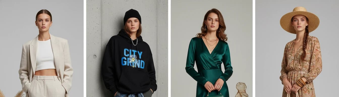 Four AI fashion models demonstrating different brand aesthetics for e-commerce - minimalist, streetwear, elegant evening, and bohemian styles