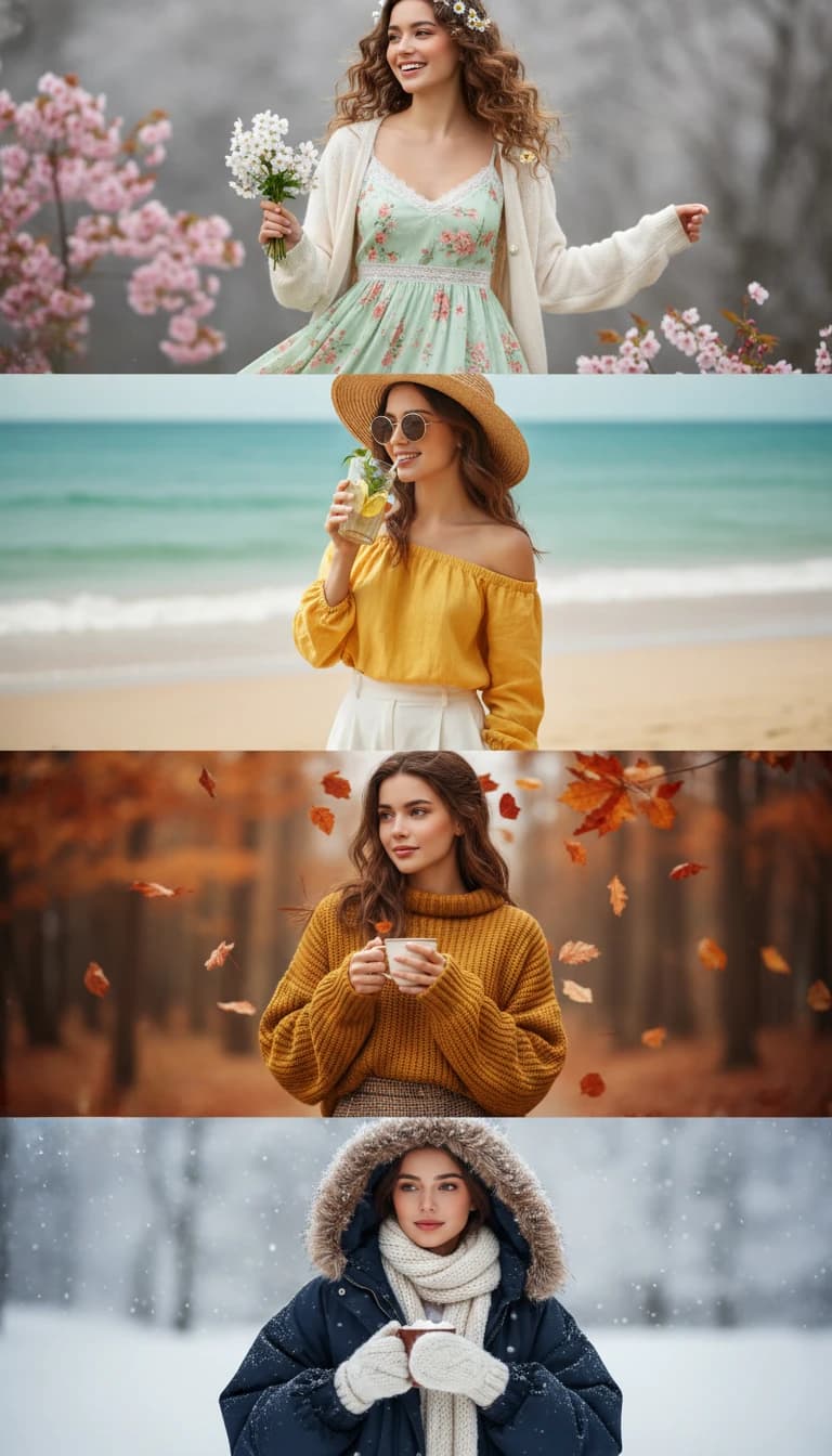 Consistent AI fashion model across four seasons campaign - same person in spring cherry blossom, summer beach, autumn leaves, and winter snow settings