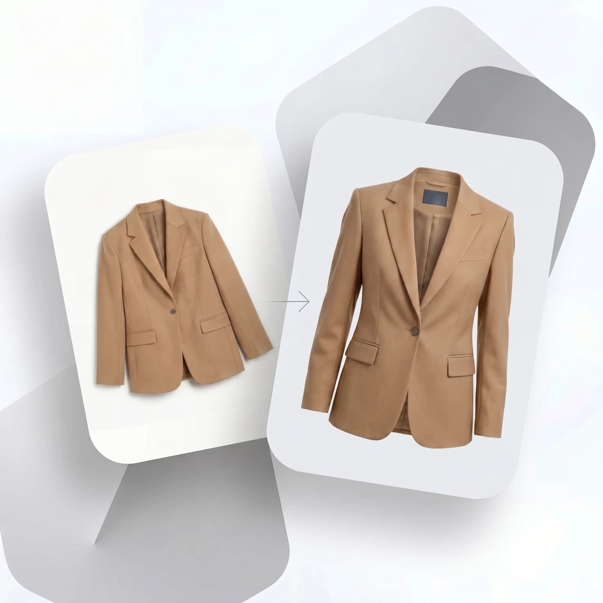 3D ghost mannequin oluşturucu sonucu: düz bej bir blazer, derinlik ve hacimle 3D ghost mannequin ürün fotoğrafına yeniden inşa edildi