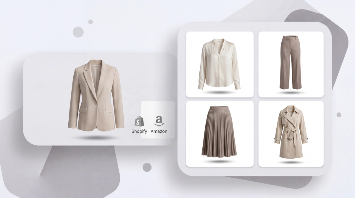 Consistent ghost mannequin photography across clothing collections showing blazer, blouse, trousers, skirt, and trench coat in matching neutral tones