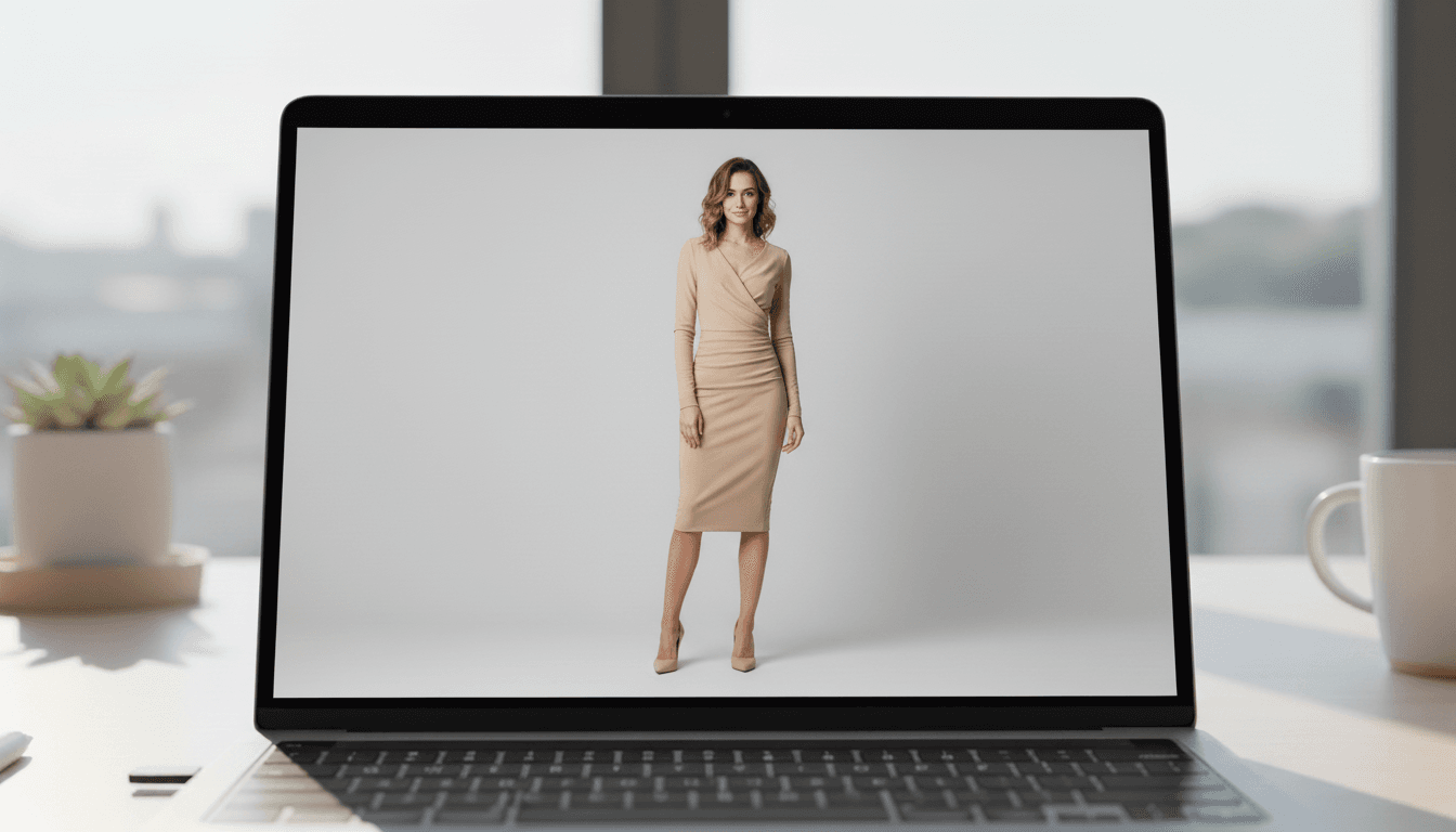 AI-generated fashion model in beige dress displayed on laptop screen showing final pose control result