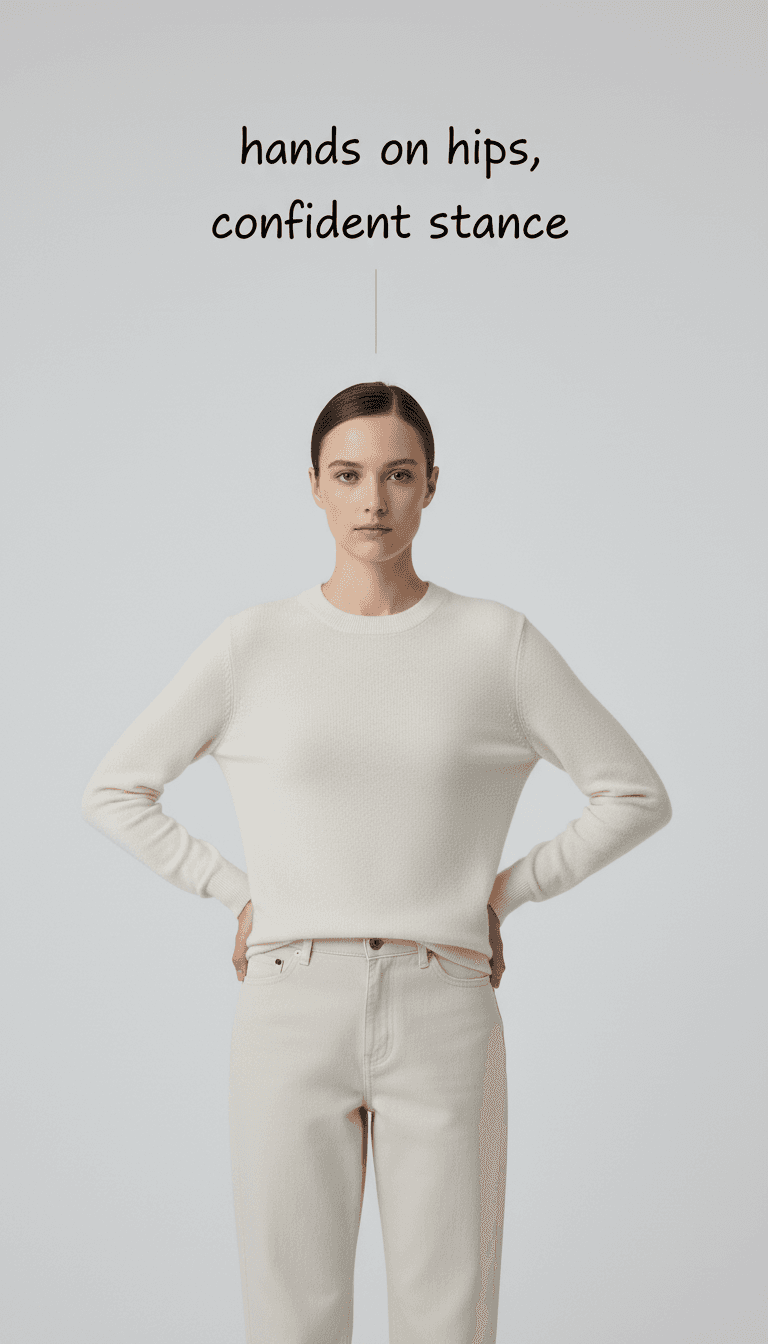 AI model demonstrating hands on hips confident stance pose with text description overlay for custom model creation