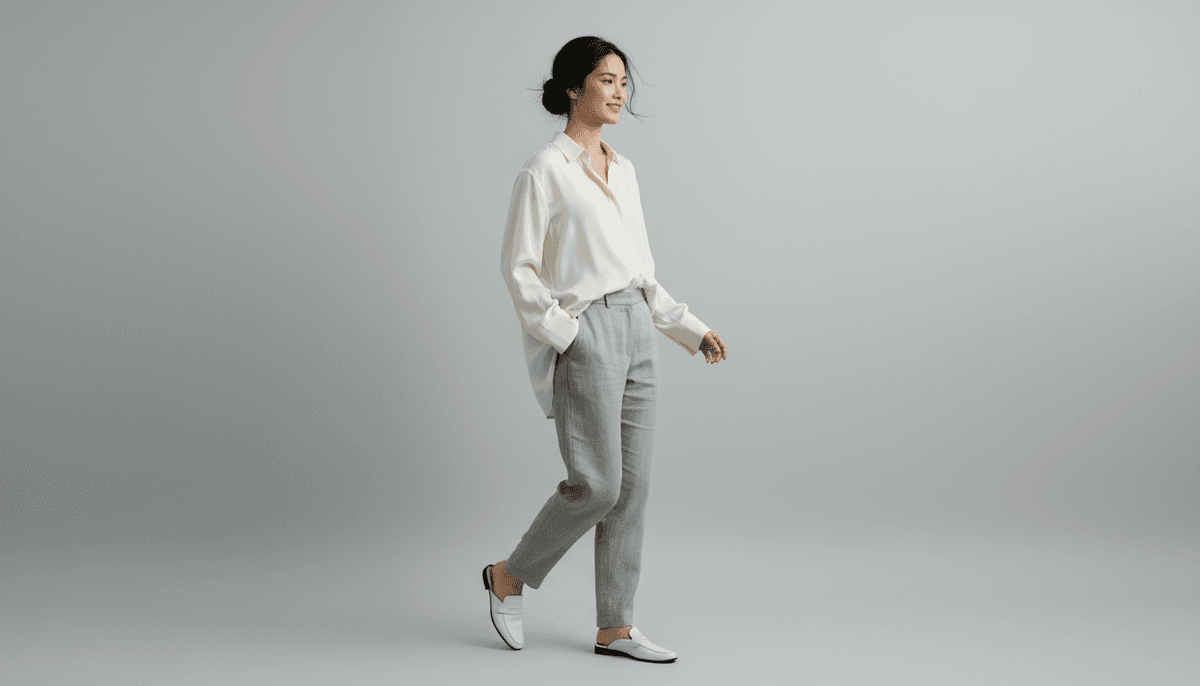 AI fashion model in walking pose wearing minimalist clothing for editorial lifestyle photography