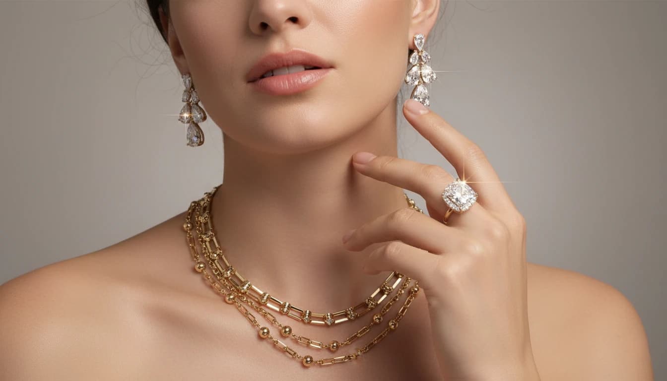 Woman wearing gold chain necklaces, crystal earrings, and cocktail ring - product to lifestyle jewelry photography transformation