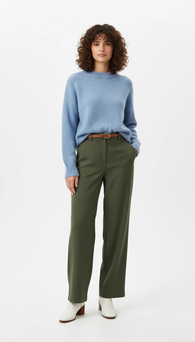 AI model wearing blue sweater and olive pants - e-commerce ready lifestyle fashion photography from flat-lay transformation