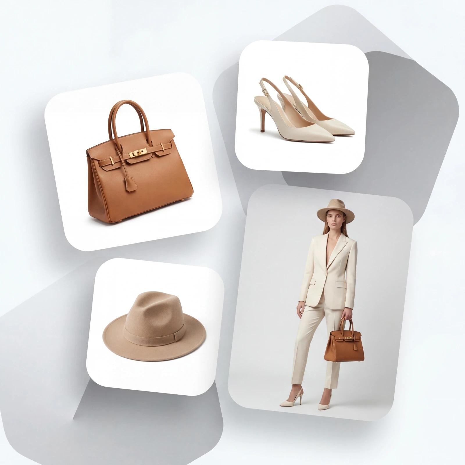 Fashion accessories product to model transformation showing cognac leather handbag, nude slingback heels, and beige fedora hat converted to styled on-model photo with woman wearing complete accessorized outfit