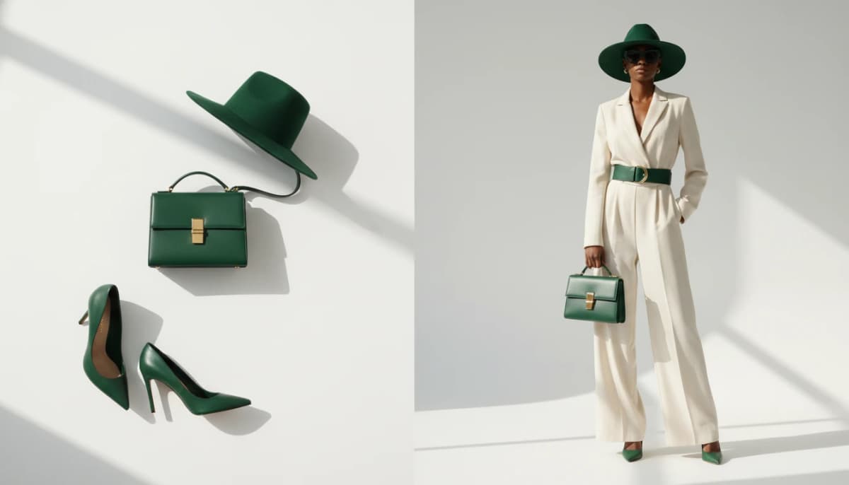 Green accessories flat-lay transformed into on-model fashion photography - hat, handbag, and heels styled on AI model in white jumpsuit
