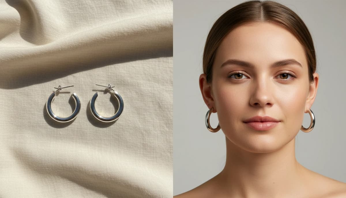 Silver hoop earrings product photo transformed into on-model jewelry photography showing real size and styling
