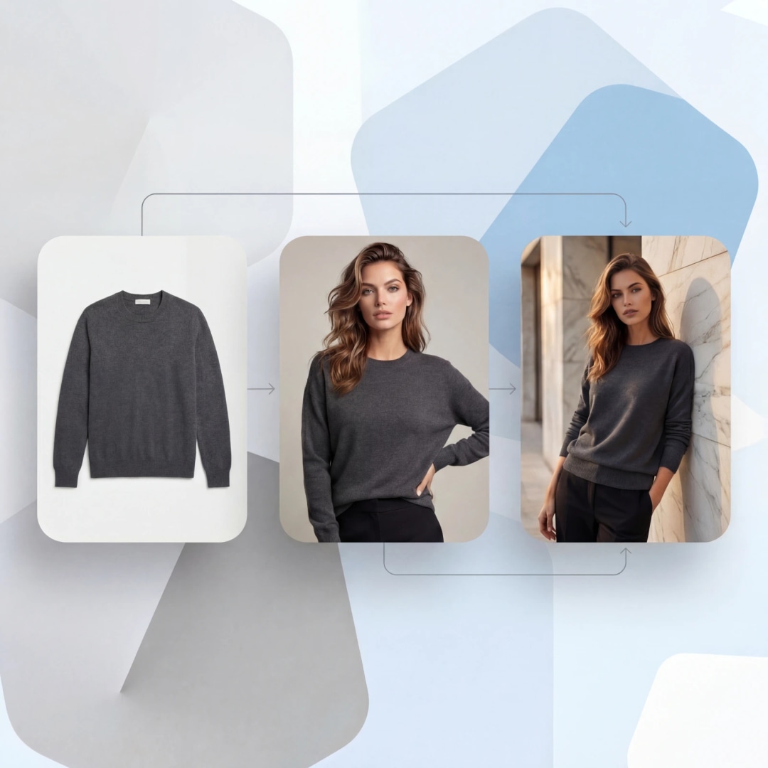 Clothing product to model AI transformation showing gray cashmere sweater from product photo to studio model shot to lifestyle photography with different backgrounds and poses
