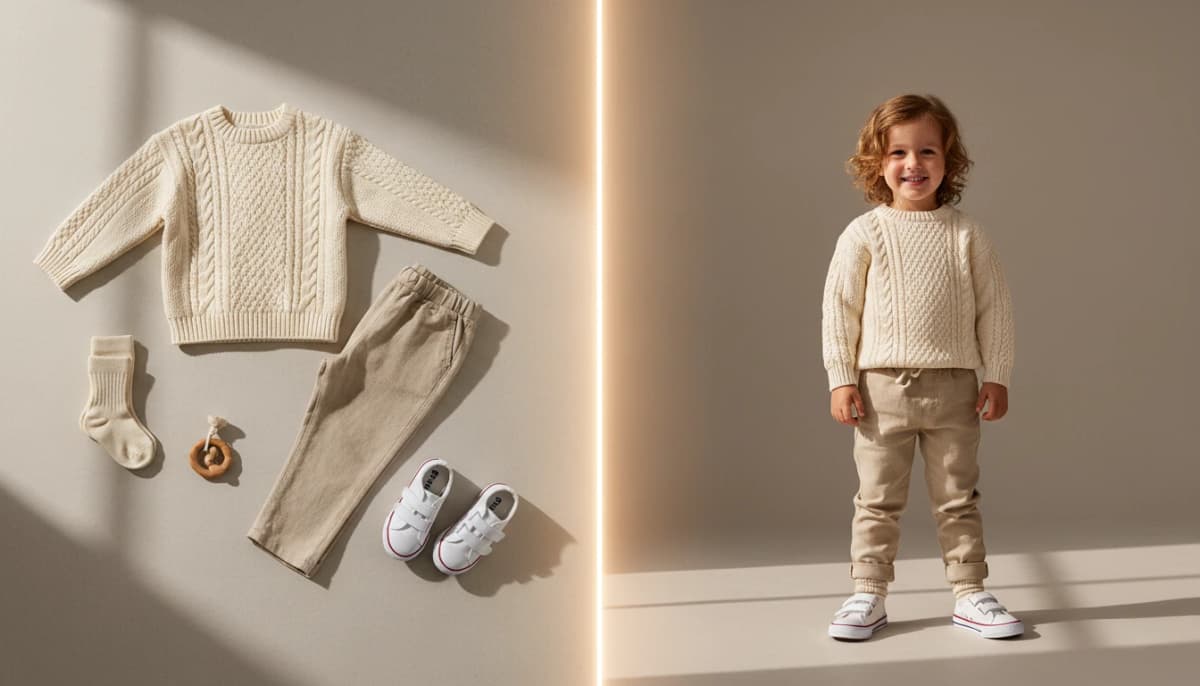 Kids clothing flat-lay transformed into on-model photography - cream sweater and beige pants outfit on child model