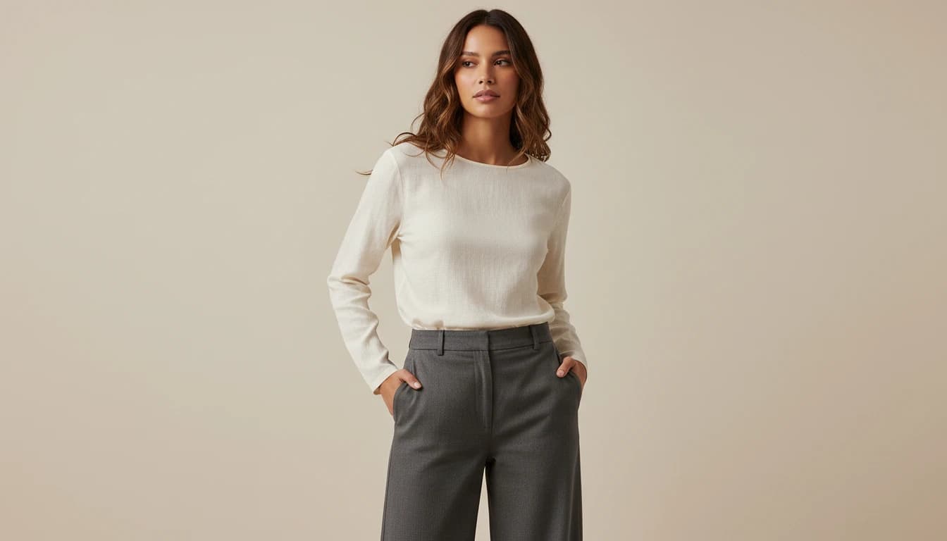 AI fashion model wearing cream blouse and charcoal pants showing natural fabric draping and realistic garment placement