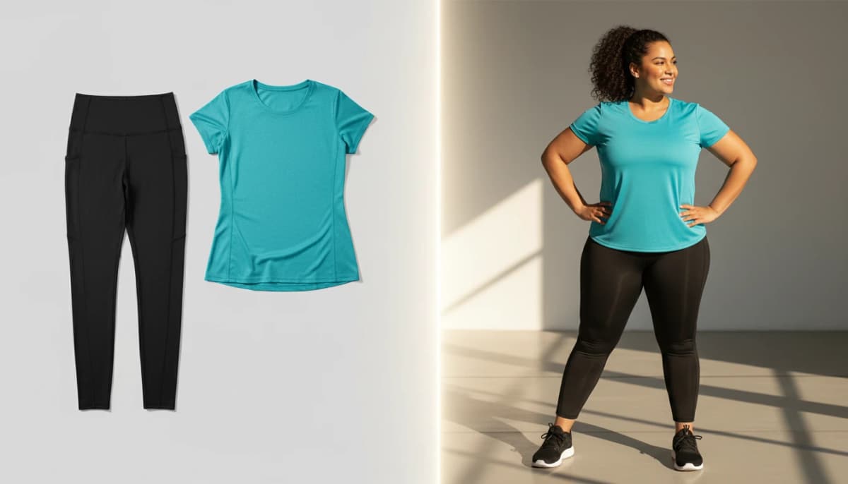 Plus-size athletic wear flat-lay transformed into on-model photography - black leggings and teal shirt on diverse AI model